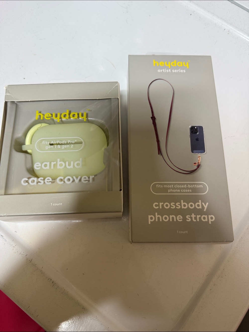 heyday earbud case cover & crossbody phone strap in light green and cream